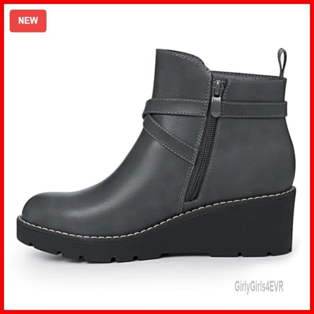 Wedge Ankle Boots Platform Lug Sole Buckle Side Zipper Booties